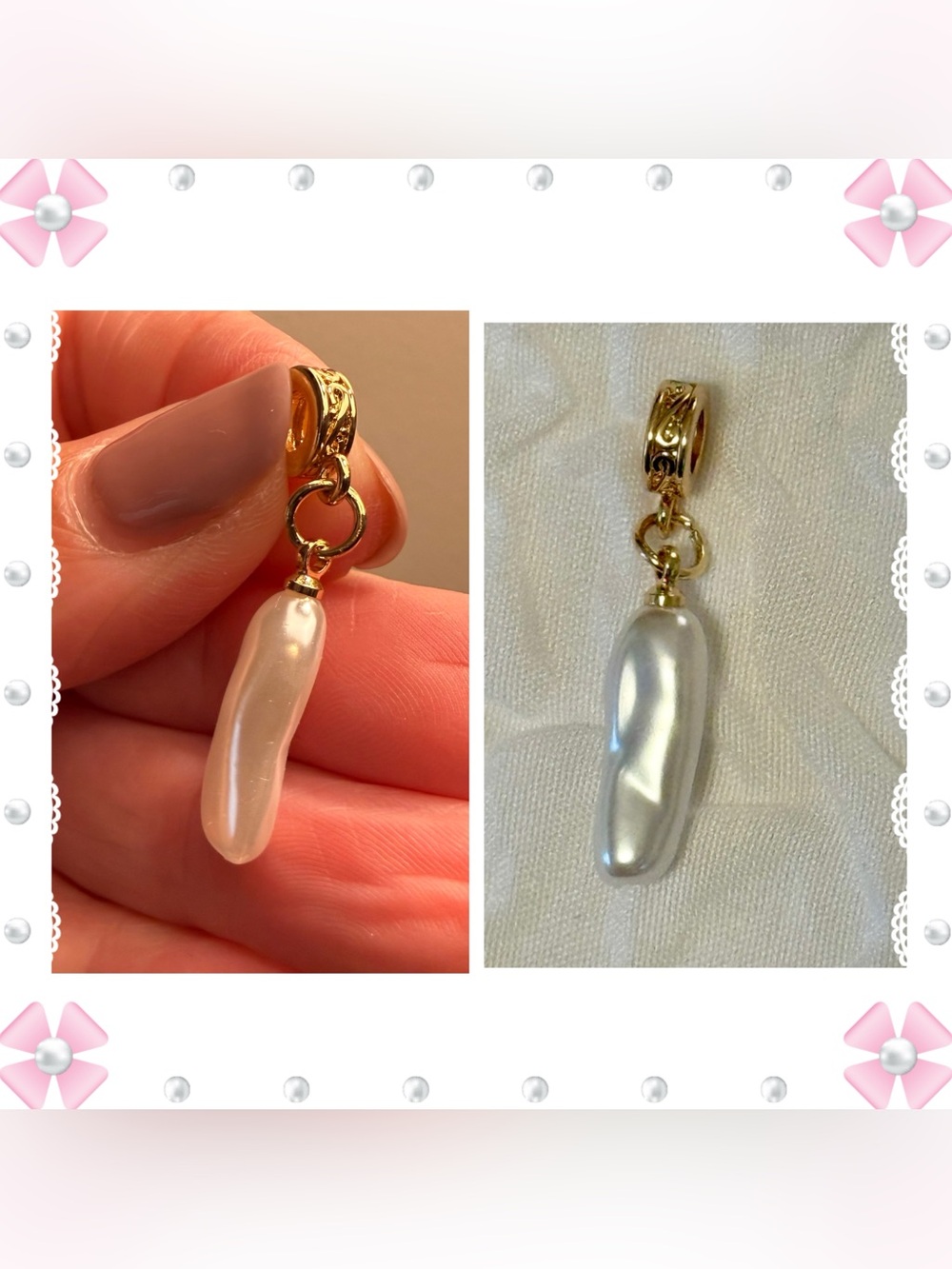 Charm / pendant - oblong faux pearl - gold tone - New! Never worn.